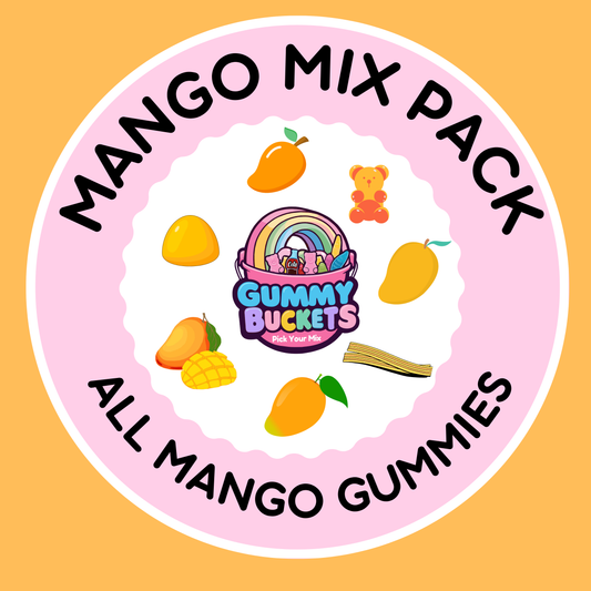 Mango mix pack label with 'Gummy Buckets' logo on a yellow background