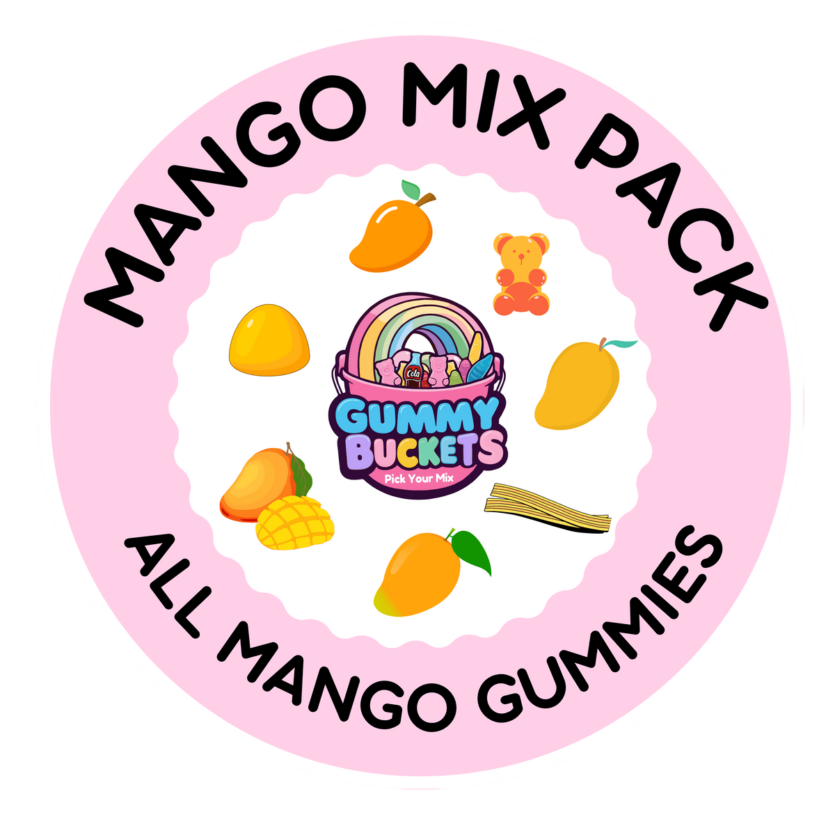 A circular pink and white graphic for a 'Mango Mix Pack' by Gummy Bubbles. The design features illustrations of various mangoes, a small orange teddy bear, a pack of sugar cubes, and a rainbow-colored gummy bucket logo in the center.