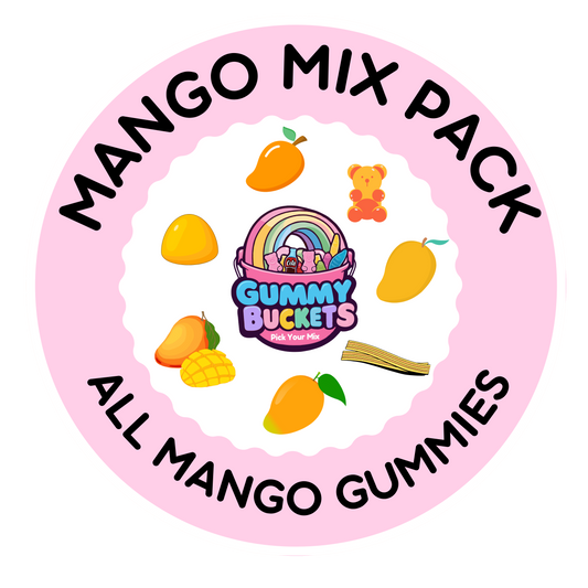 A circular pink and white graphic for a 'Mango Mix Pack' by Gummy Bubbles. The design features illustrations of various mangoes, a small orange teddy bear, a pack of sugar cubes, and a rainbow-colored gummy bucket logo in the center.