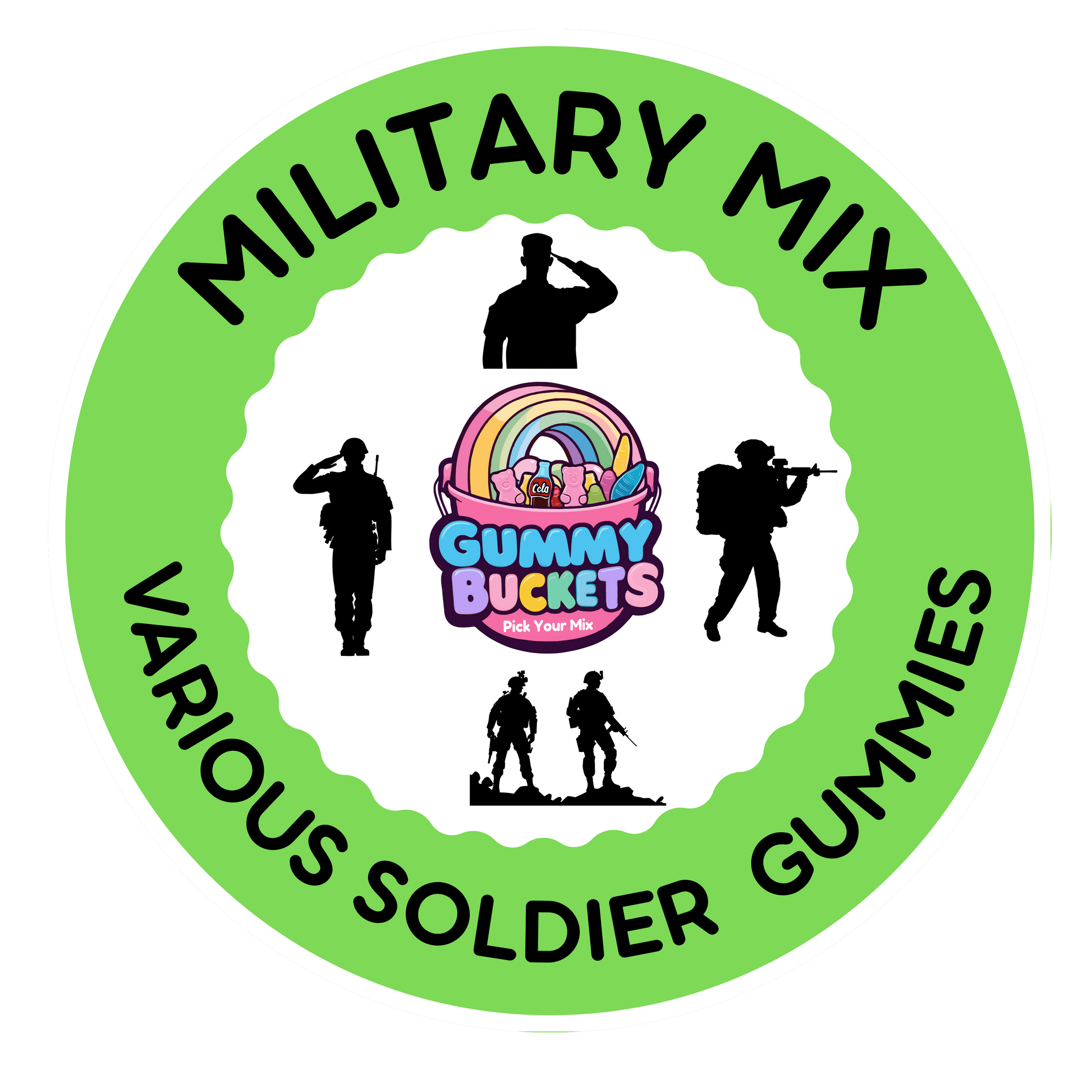 A circular sticker or label design with a bright green border and black text reading 'MILITARY MIX' and 'VARIOUS SOLDIER GUMMIES.' The center shows the 'Gummy Buckets Gummies' logo with a rainbow and gummy characters, surrounded by black soldier silhouettes on a white background.