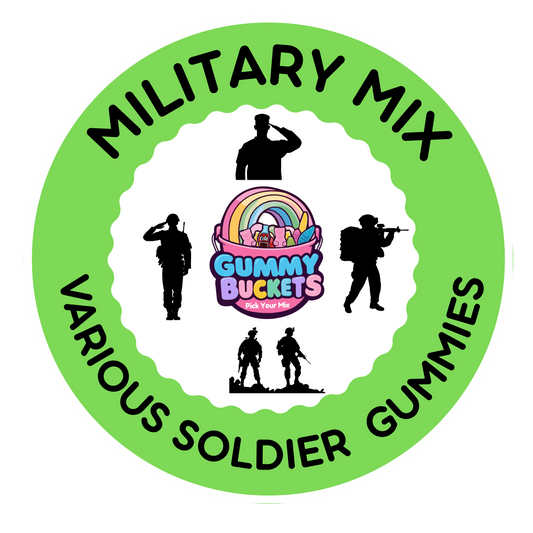 A circular sticker or label design with a bright green border and black text reading 'MILITARY MIX' and 'VARIOUS SOLDIER GUMMIES.' The center shows the 'Gummy Buckets Gummies' logo with a rainbow and gummy characters, surrounded by black soldier silhouettes on a white background.