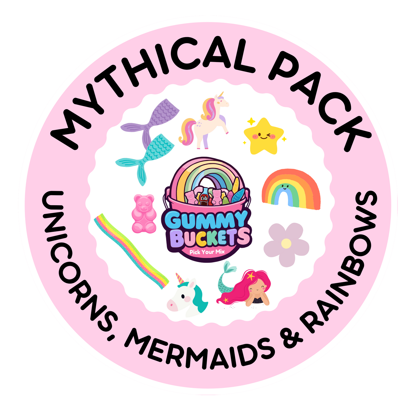 A circular pink label or sticker with the words 'MYTHICAL PACK' and 'UNICORNS, MERMAIDS & RAINBOWS' in black text, surrounding a central illustration of a rainbow bucket with gummy bears and cute fantasy icons.