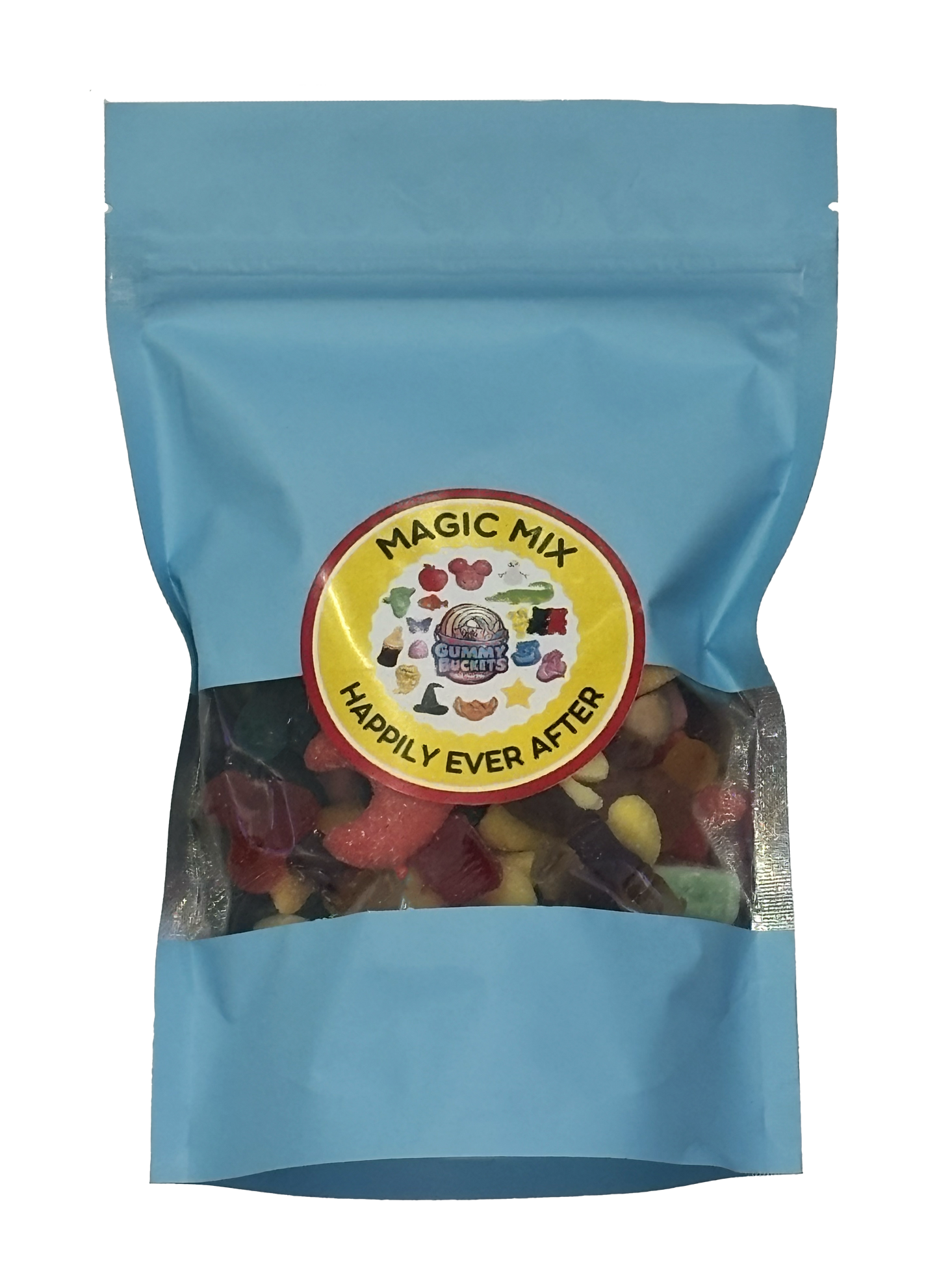 A light blue stand-up pouch of gummy candies with a clear window showing multicolored gummy bears and other sweets inside. A round yellow label on the front reads 'MAGIC MIX' and 'HAPPILY EVER AFTER'.
