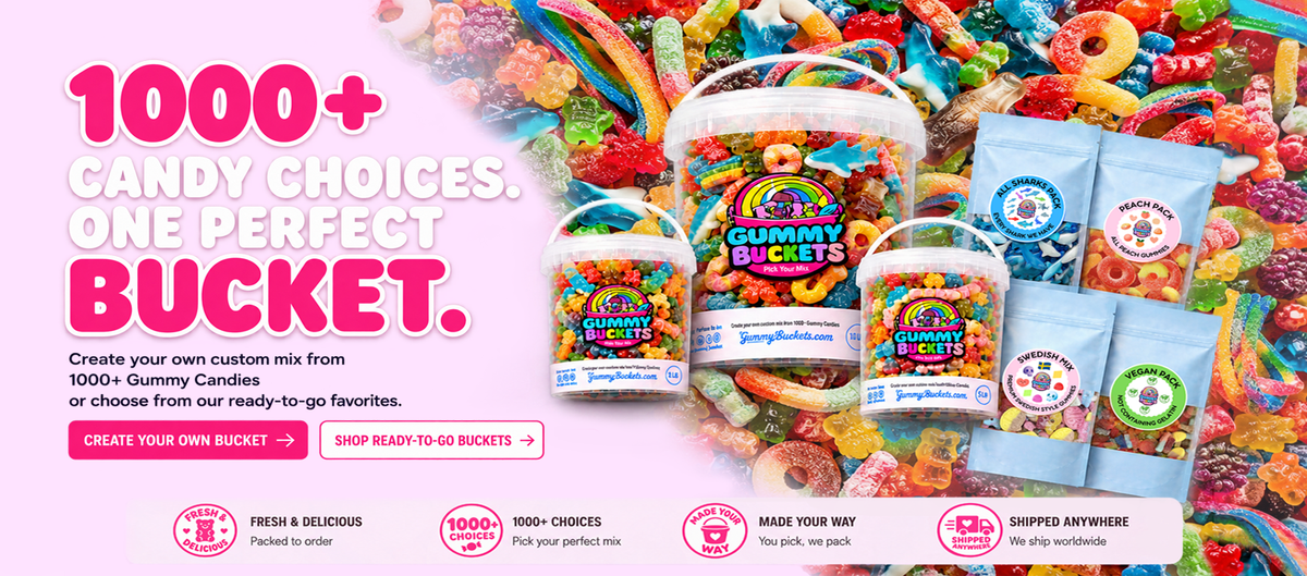 Promotional graphic for a custom gummy candy bucket mix. The left side features a pink background with bold white and pink text reading '1000+ CANDY CHOICES.