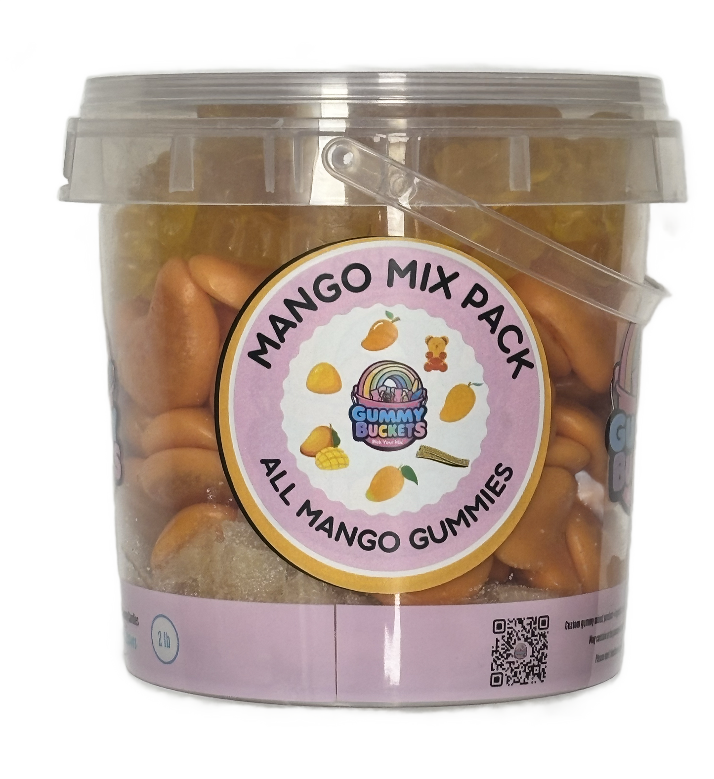 A clear plastic bucket of Gummy Buckets Mango Mix Pack gummy candies, showing the golden-orange gummies inside, with a pink and white circular label on the front.