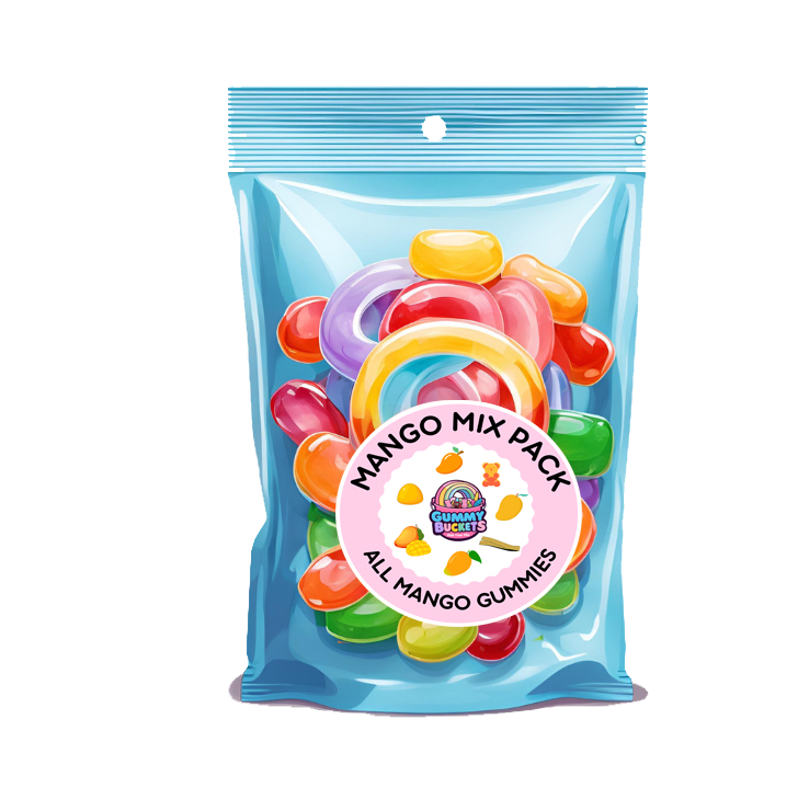 Packaged mango gummies with a visible brand logo on a white background
