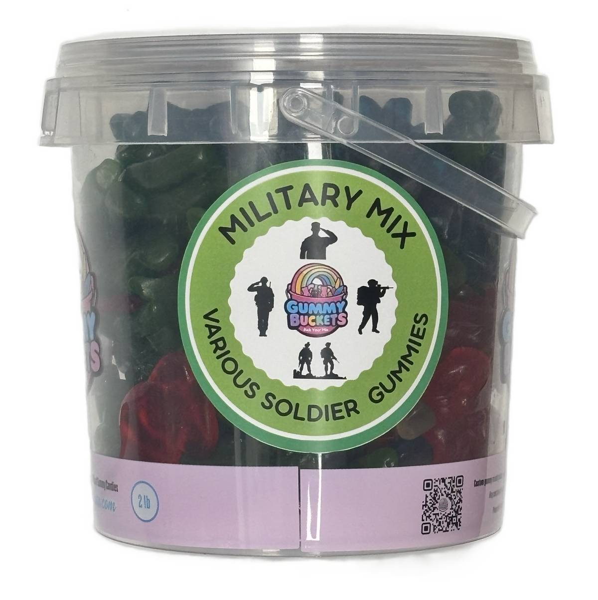 A clear plastic bucket filled with assorted gummy soldier gummies, featuring a green circular label that reads 'MILITARY MIX' and 'VARIOUS SOLDIER GUMMIES'.