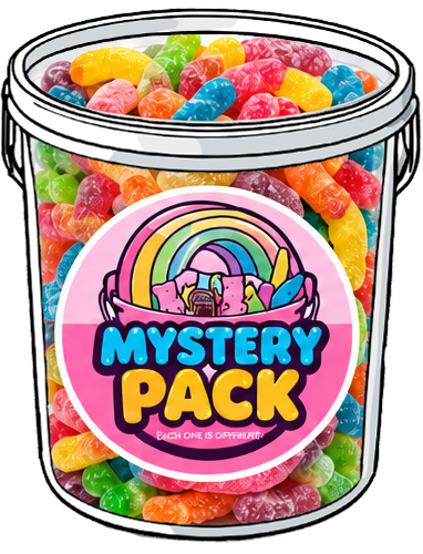 A clear plastic bucket filled with assorted colorful gummy candies, featuring a large round pink label that reads 'MYSTERY PACK' with a rainbow and gummy bear illustration.