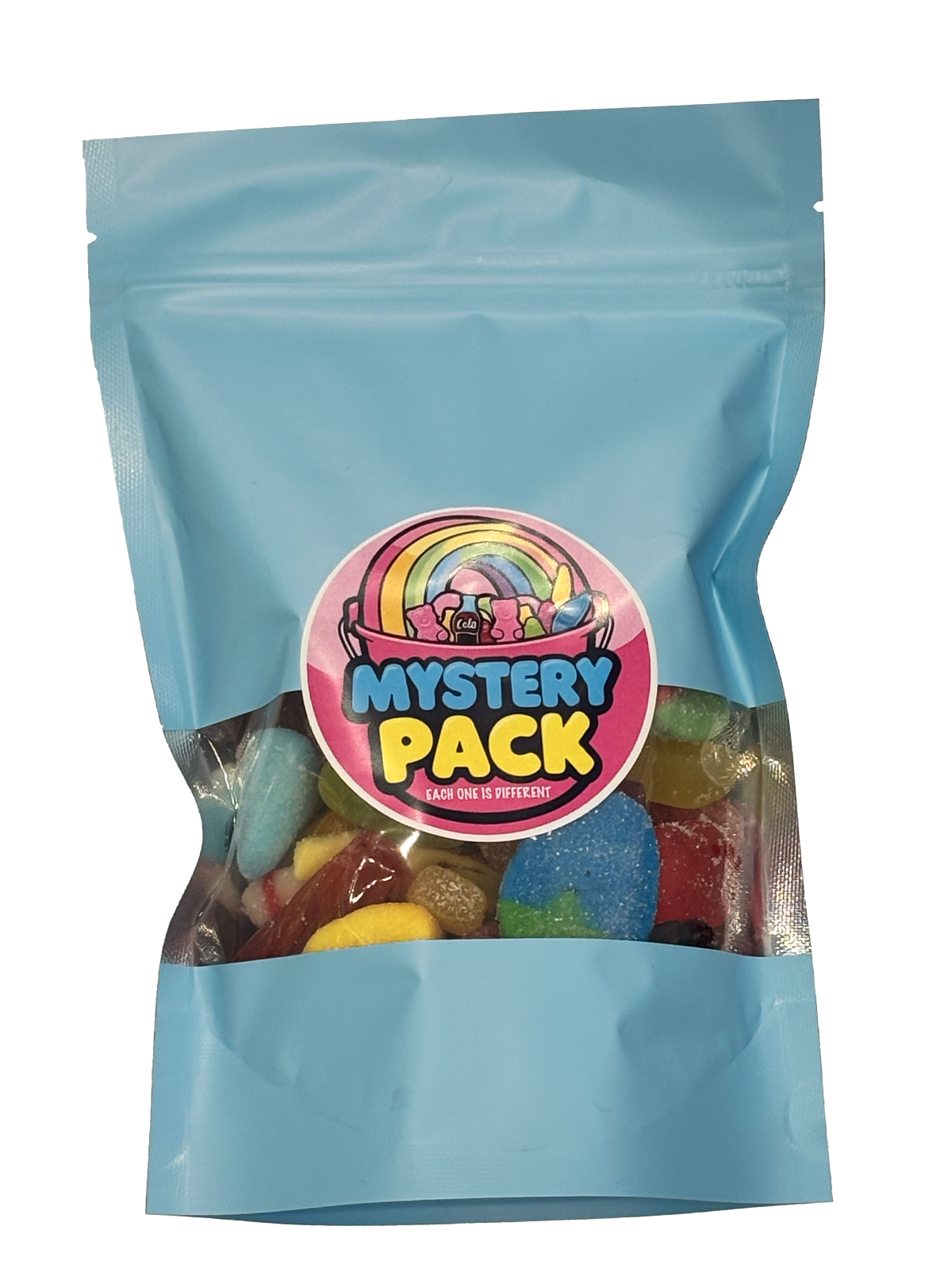 A light blue stand-up pouch of candy with a clear window showing assorted multicolored gummy candies inside. A circular front label reads 'MYSTERY PACK' with a rainbow graphic.