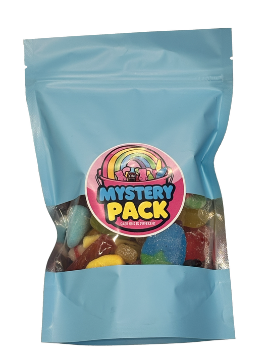 A light blue stand-up pouch of candy with a clear window showing assorted multicolored gummy candies inside. A circular front label reads 'MYSTERY PACK' with a rainbow graphic.