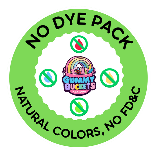 A circular green and white graphic with the text 'NO DYE PACK' and 'NATURAL COLORS, NO FD&C' around a central 'Gummy Buckets Pick Your Pick' logo, with crossed-out droplet icons indicating no dye.