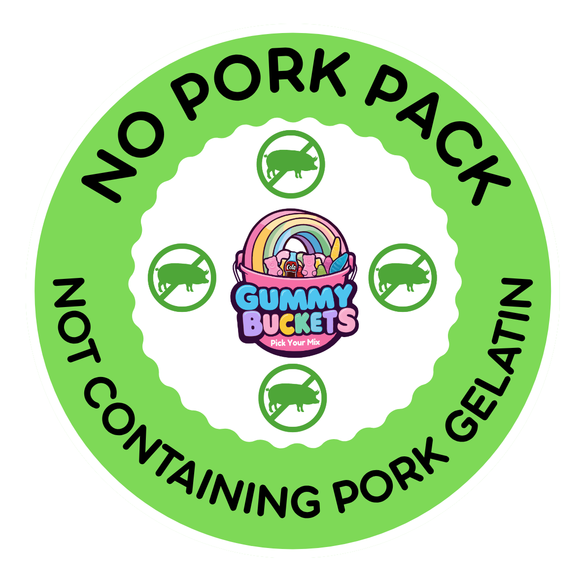 A circular green and white graphic with the text 'NO PORK PACK' and 'NOT CONTAINING PORK GELATIN' around a central 'Gummy Buckets Pick Your Pig!' logo, with small pig icons crossed out in green circles.