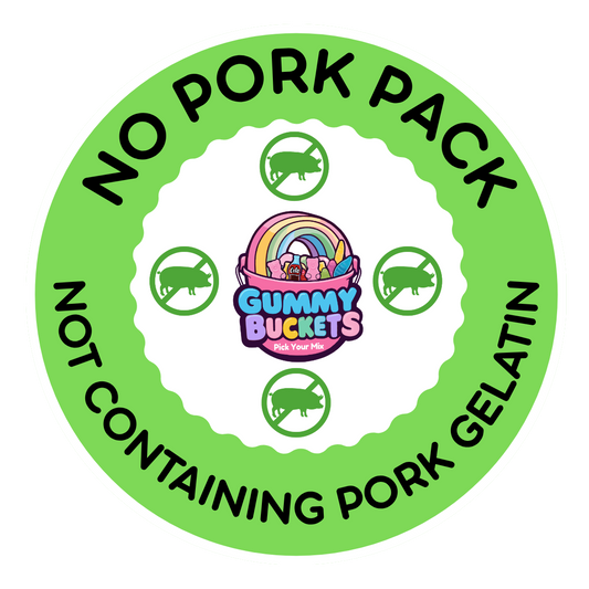 A circular green and white graphic with the text 'NO PORK PACK' and 'NOT CONTAINING PORK GELATIN' around a central 'Gummy Buckets Pick Your Pig!' logo, with small pig icons crossed out in green circles.