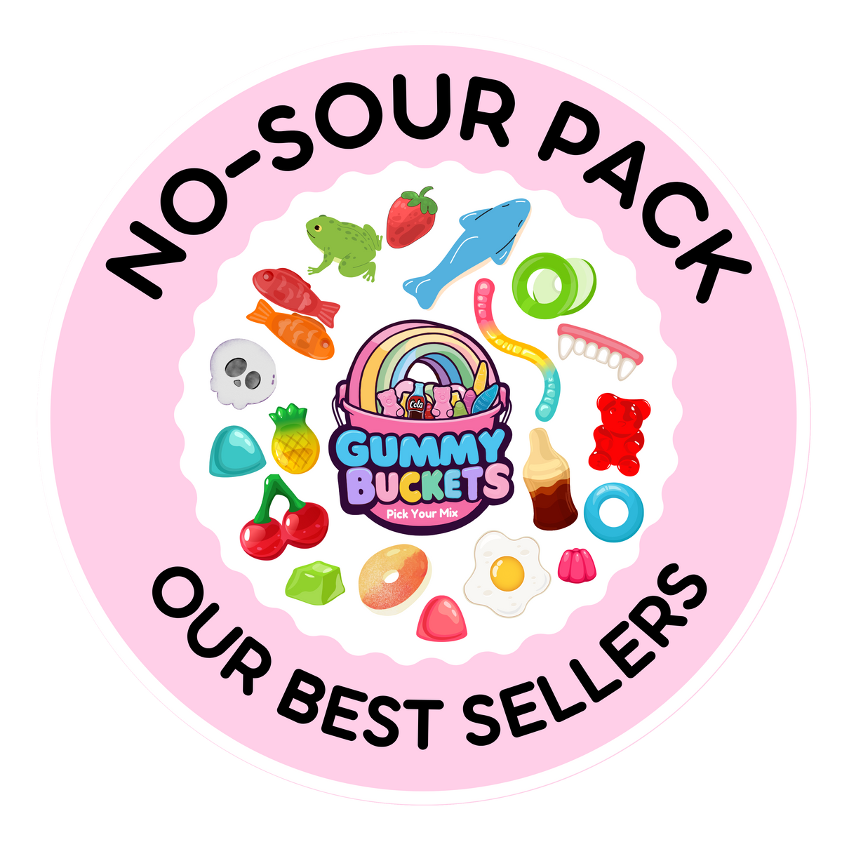 A circular pink graphic with the text 'NO-SOUR PACK' at the top and 'OUR BEST SELLERS' at the bottom. The center shows a colorful assortment of gummy candies and sour candy icons surrounding a rainbow bucket labeled 'Gummy Buckets Candy Co.