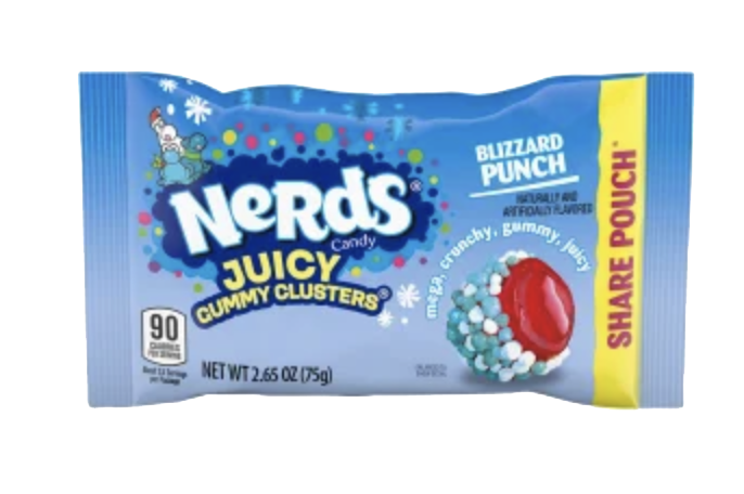 Nerds Juicy Gummy Clusters Blizzard Punch in a blue 2.65-ounce pouch.
