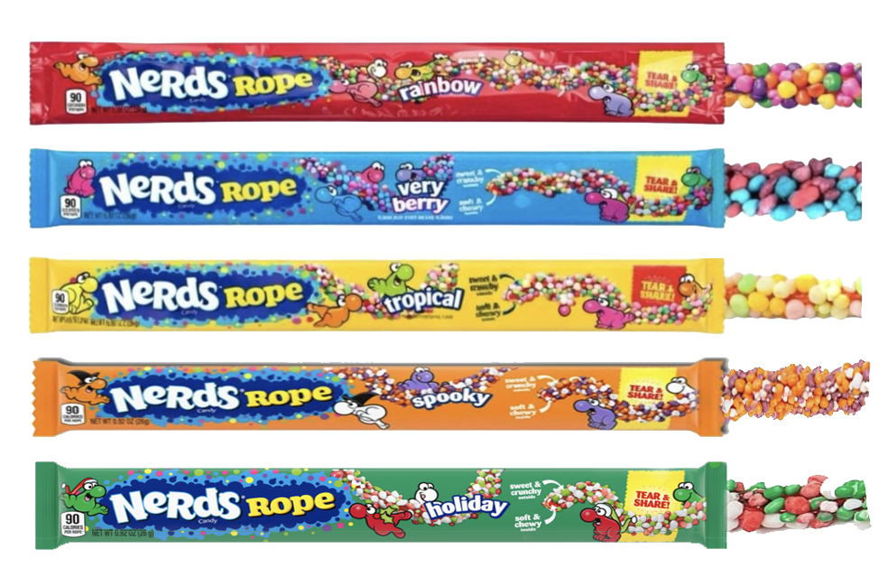 Five Nerds Rope varieties: Rainbow, Very Berry, Tropical, Spooky, and Holiday.