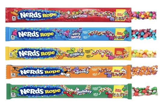 Five Nerds Rope varieties: Rainbow, Very Berry, Tropical, Spooky, and Holiday.