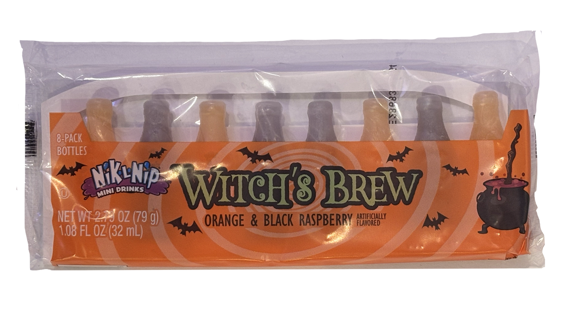 A 8-pack of Nhlkp 'N' Mini Drinks 'Witch's Brew' orange and black raspberry flavored gummy bottles in clear plastic packaging with an orange Halloween-themed label.