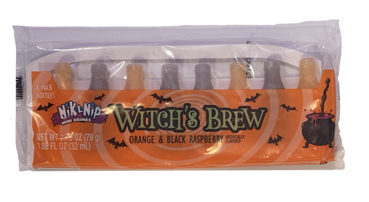 A 8-pack of Nhlkp 'N' Mini Drinks 'Witch's Brew' orange and black raspberry flavored gummy bottles in clear plastic packaging with an orange Halloween-themed label.