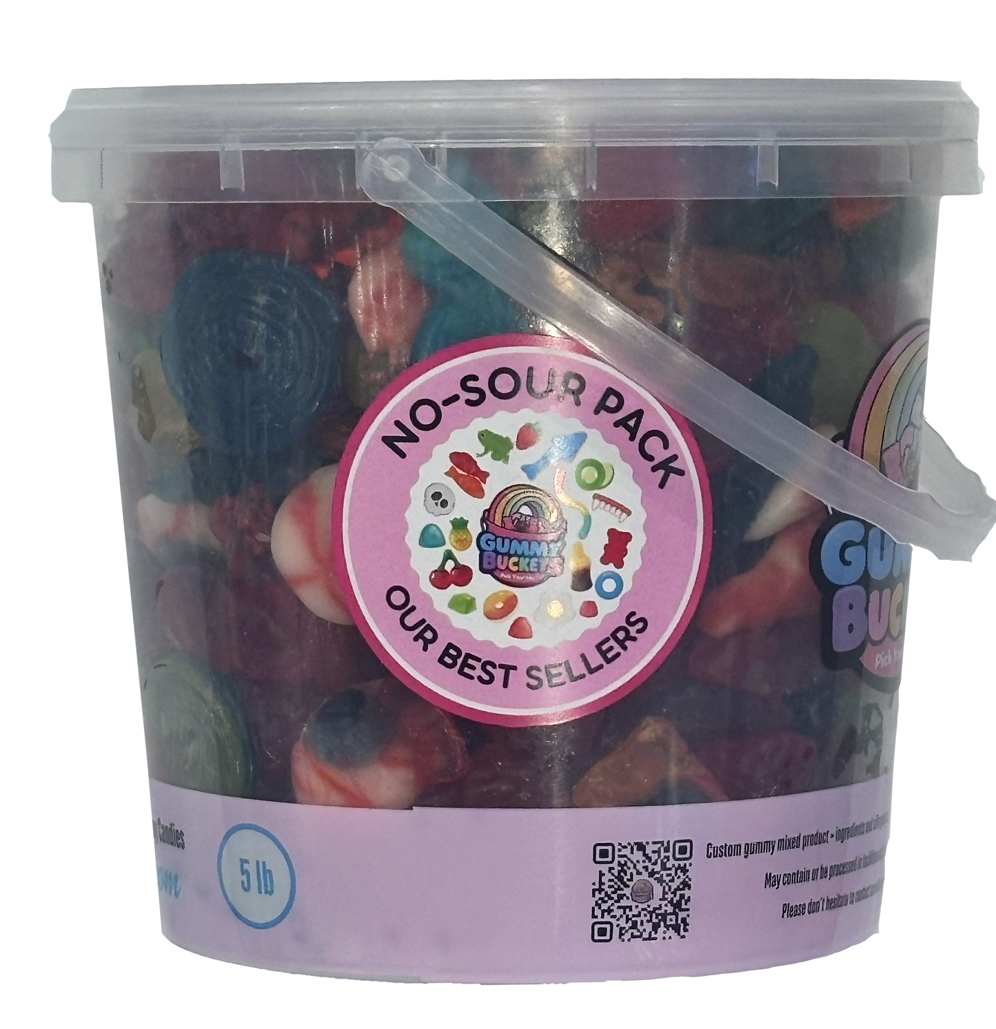A 5 lb clear plastic tub filled with assorted no-sour gummy candies, featuring a pink circular label that reads 'NO-SOUR PACK OUR BEST SELLERS' with the Gummy Bites logo. The tub has a translucent lid and a clear plastic handle, with a light purple paper band around the bottom.