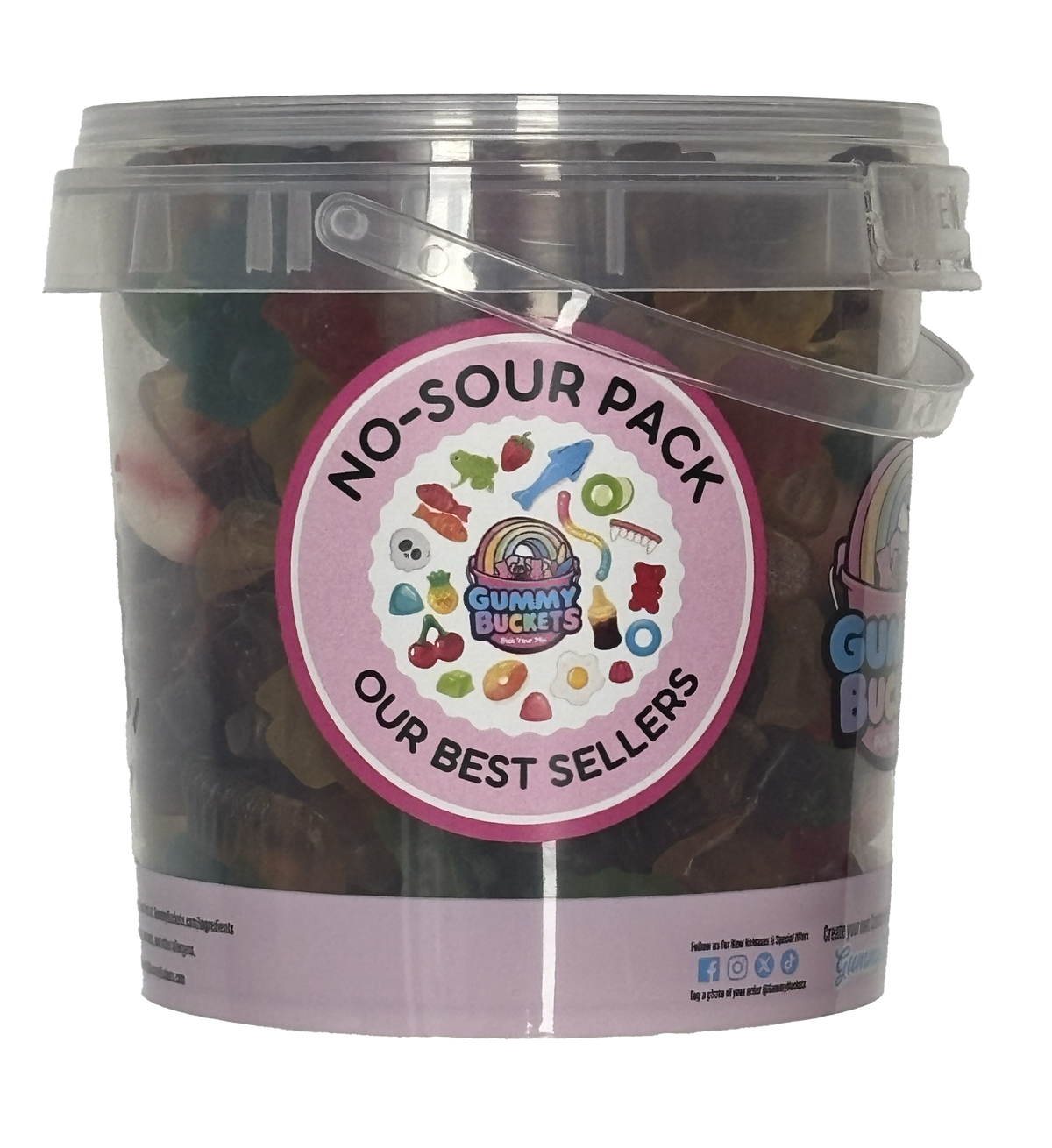 A clear plastic bucket filled with assorted gummy candies, featuring a large pink circular label that reads 'NO-SOUR PACK OUR BEST SELLERS' with the Gummy Buckets logo in the center.