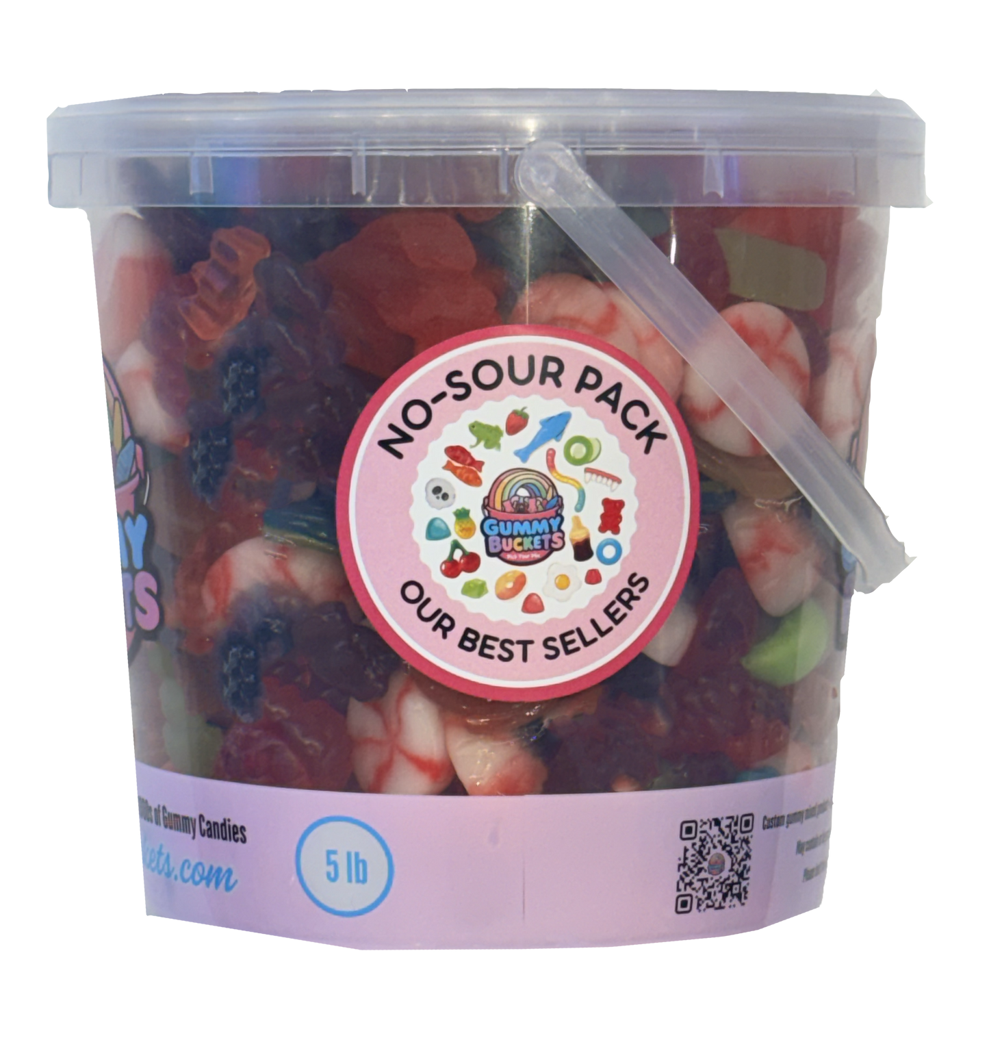 A 5 lb clear plastic bucket filled with assorted sour gummy candies, featuring a pink and white label with a colorful 'Ding Dangle's No-Sour Pack' sticker.