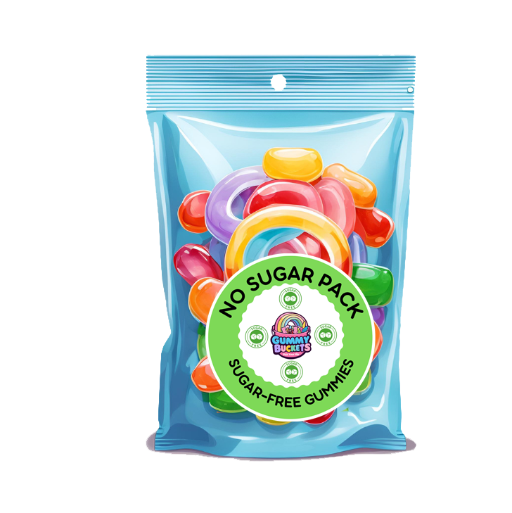 A blue resealable stand-up pouch of colorful gummy candies with a large green circular label reading 'NO SUGAR PACK' and 'SUGAR-FREE GUMMIES.' The pouch is shown on a plain white background.