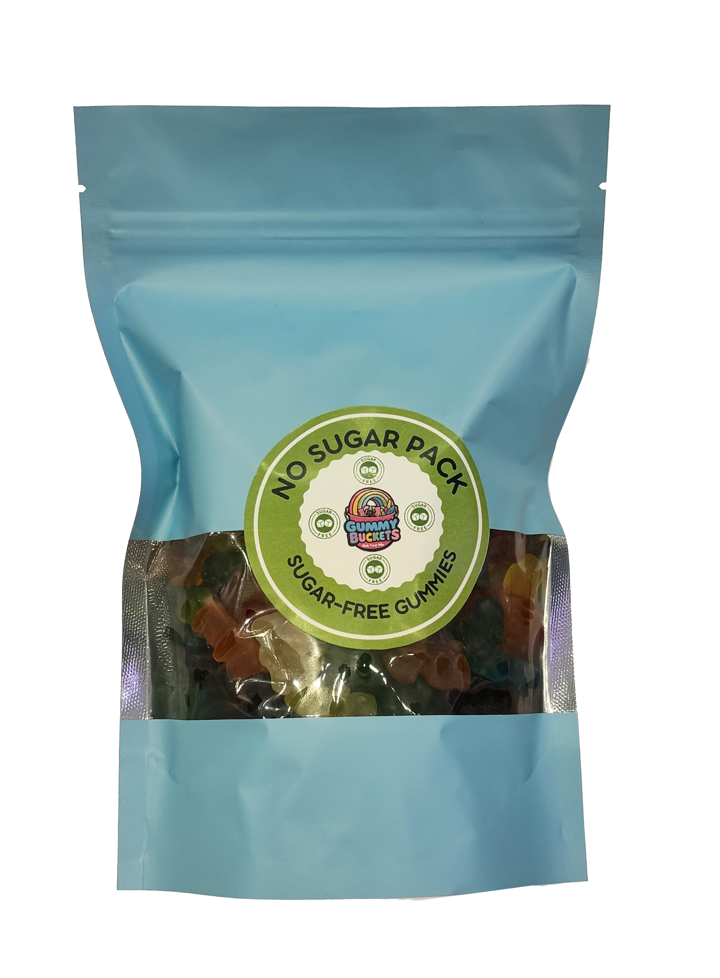 A stand-up resealable pouch of Gummy No Sugar Pack gummies. The packaging is light blue with a large circular green and white label on the front.