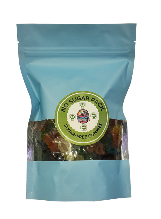A stand-up resealable pouch of Gummy No Sugar Pack gummies. The packaging is light blue with a large circular green and white label on the front.