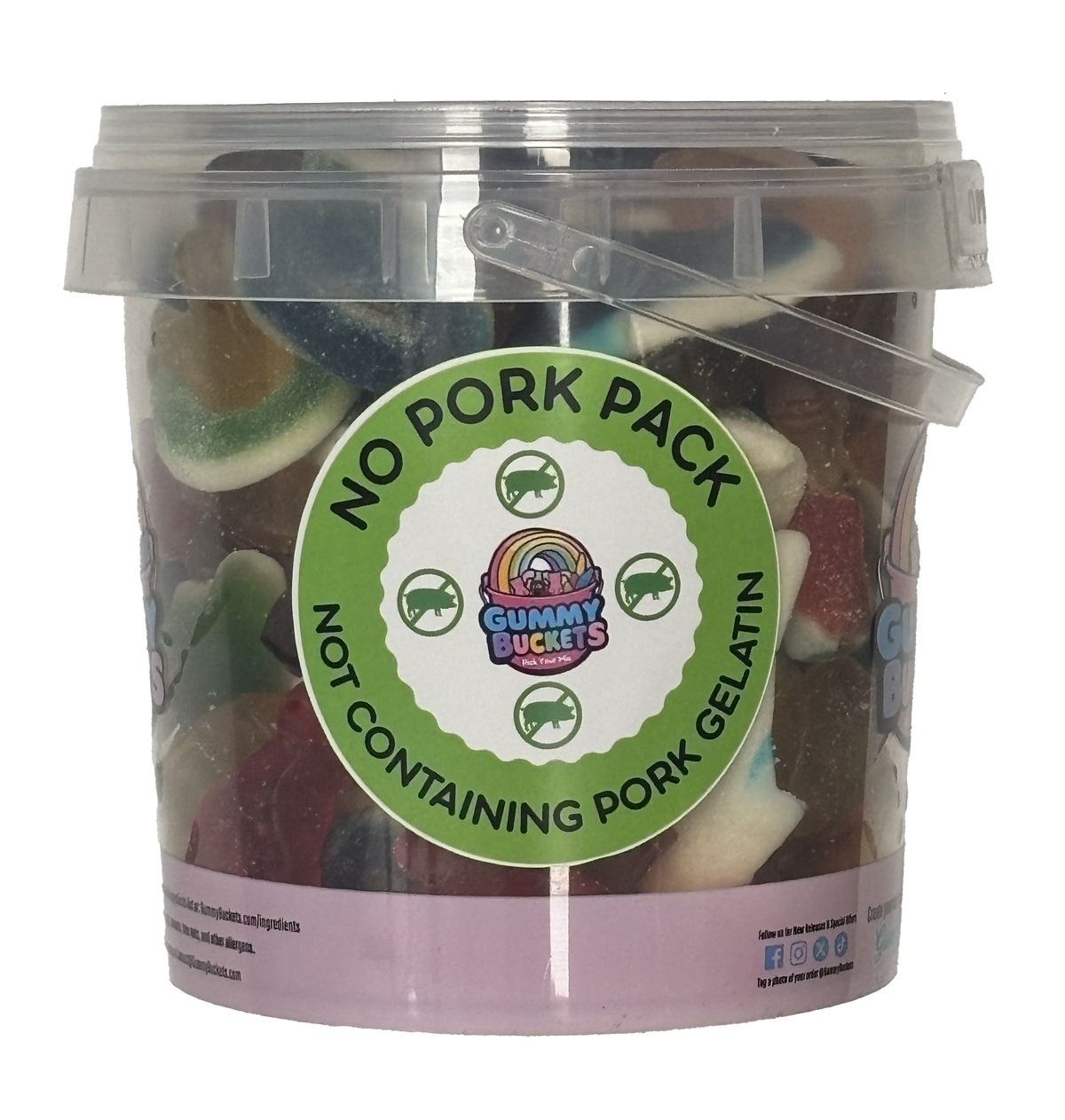 A clear plastic bucket filled with assorted gummy candies, featuring a large green and white circular label that reads 'NO PORK PACK NOT CONTAINING PORK GELATIN' with the Gummy Bucky's logo. The bucket has a clear lid with a carrying handle and is photographed on a white background.