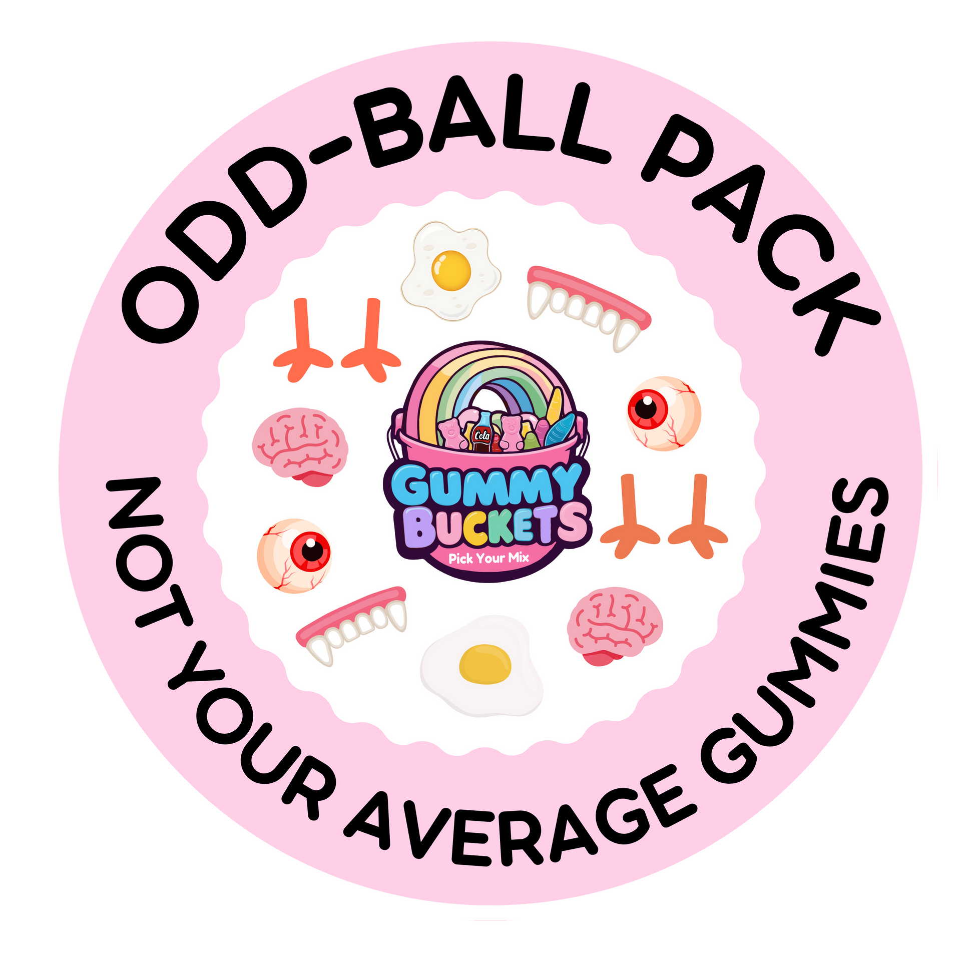 A circular pink graphic with the text 'ODD-BALL PACK' and 'NOT YOUR AVERAGE GUMMIES' around a central 'Gummy Buckets' logo. The center shows assorted novelty gummy shapes including a rainbow bucket, brains, eyes, and fried eggs on a white scalloped background.