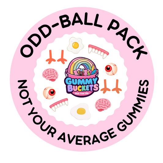 A circular pink graphic with the text 'ODD-BALL PACK' and 'NOT YOUR AVERAGE GUMMIES' around a central 'Gummy Buckets' logo. The center shows assorted novelty gummy shapes including a rainbow bucket, brains, eyes, and fried eggs on a white scalloped background.