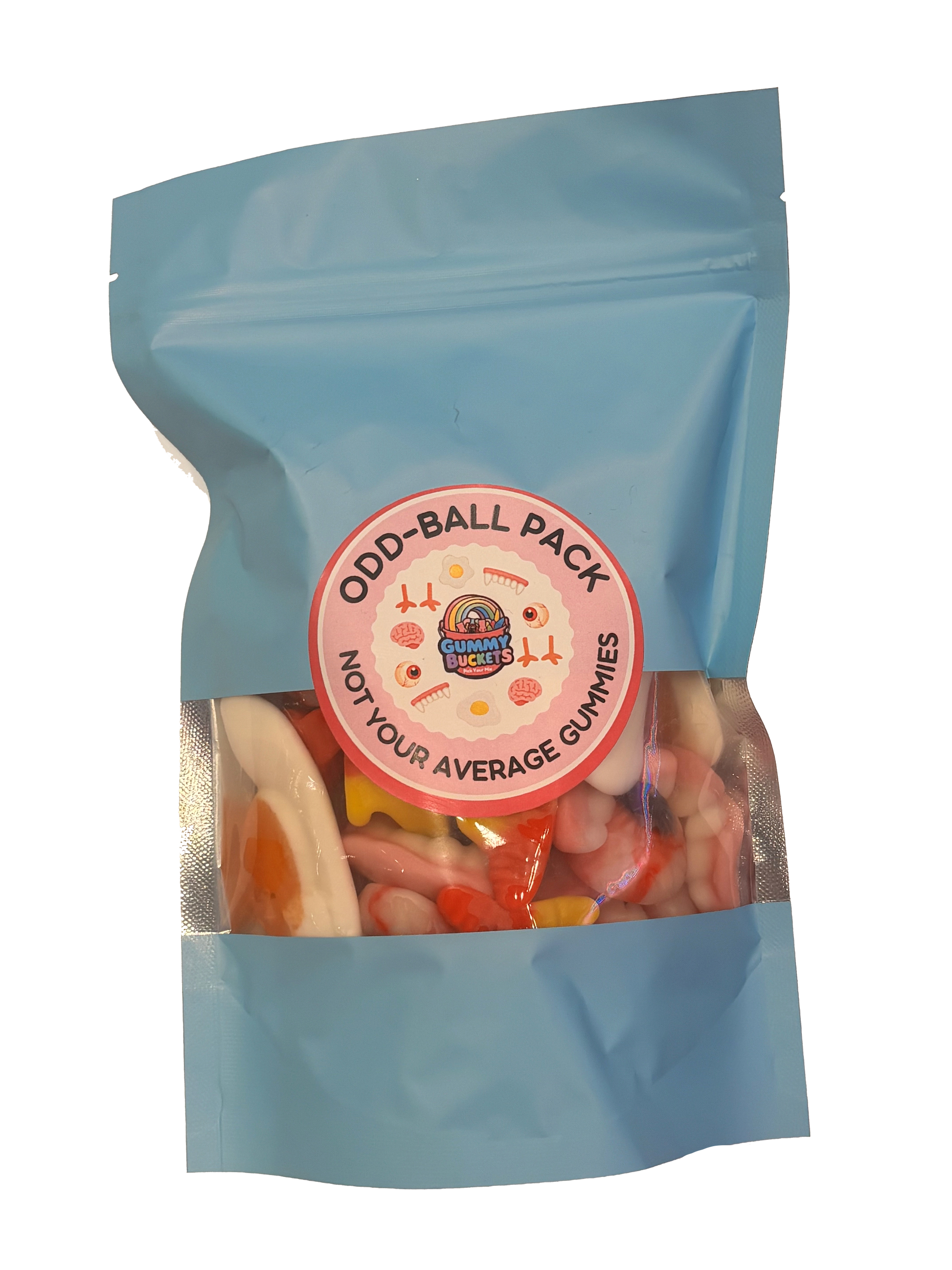 A light blue stand-up pouch of 'Odd Ball Pack' gummy candy, featuring a clear window that displays an assortment of colorful, irregularly shaped gummies. The pouch has a circular pink and white label in the center.