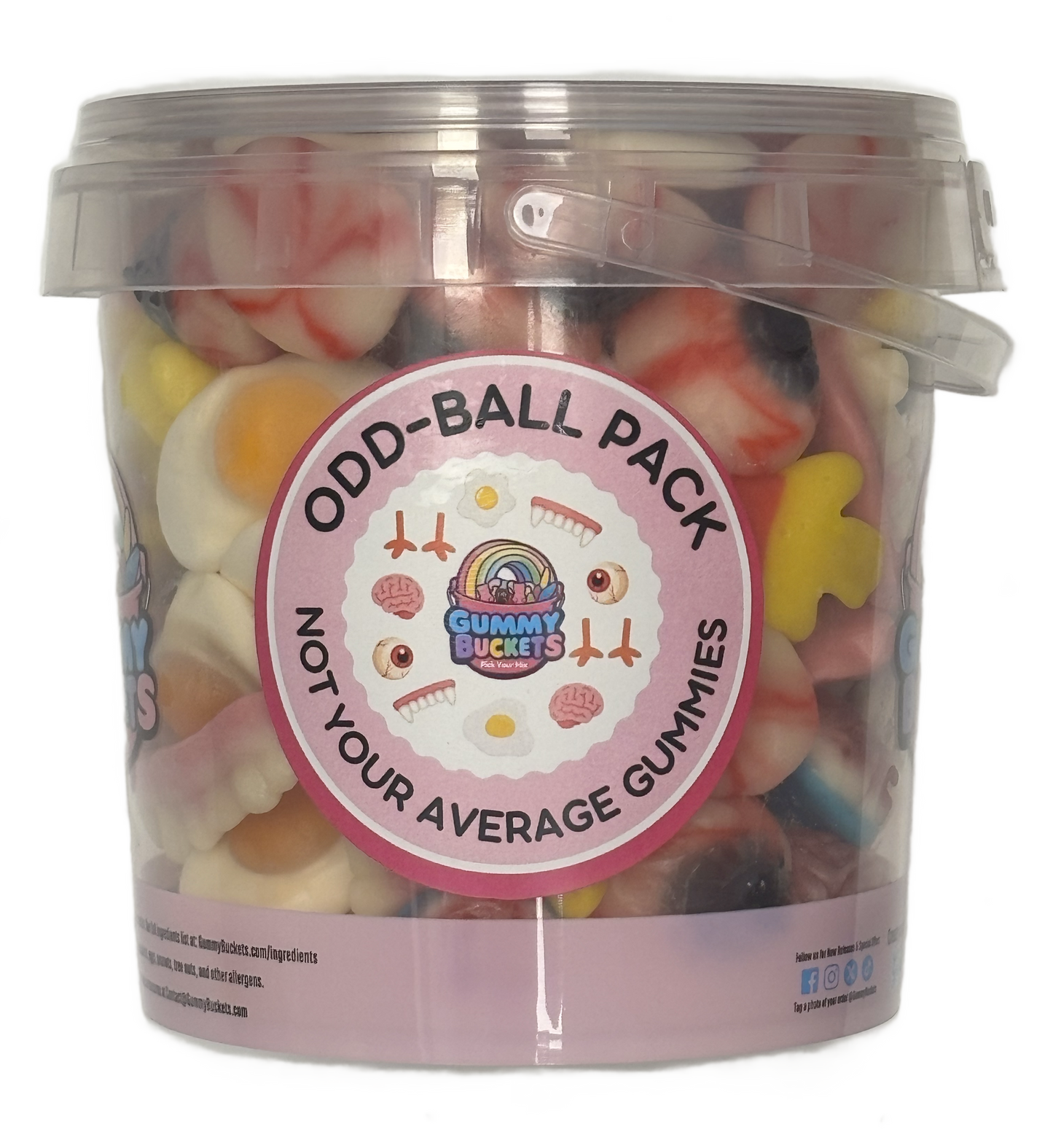 A clear plastic bucket filled with assorted gummy candies, featuring a large round pink label that reads 'ODD-BALL PACK NOT YOUR AVERAGE GUMMIES' with the Gummy Bucket logo. The bucket has a clear lid with a handle and is photographed on a white background.