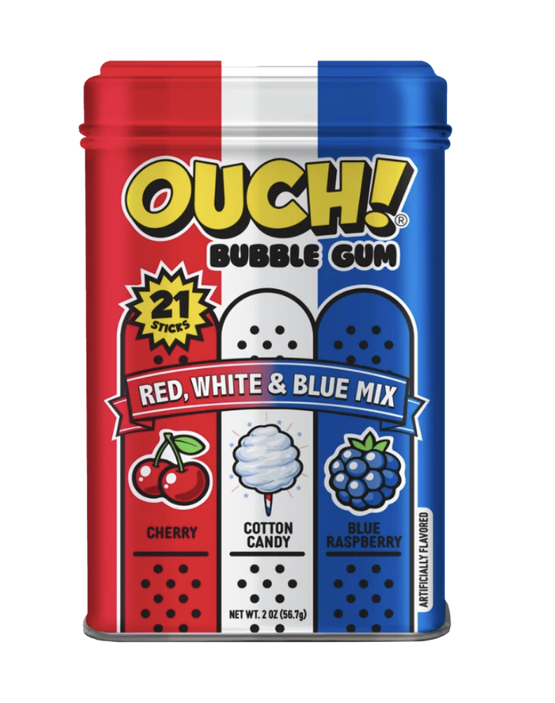 Ouch! Bubble Gum Red, White and Blue Mix tin with cherry, cotton candy and blue raspberry flavors
