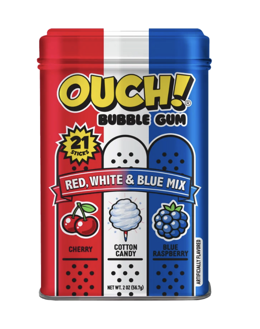 Ouch! Bubble Gum Red, White and Blue Mix tin with cherry, cotton candy and blue raspberry flavors
