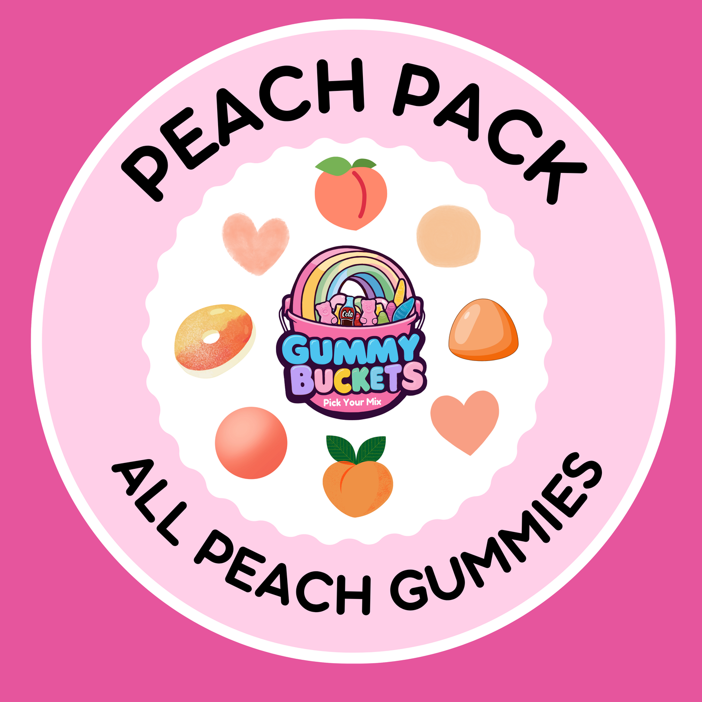 Gummy Buckets Peach Pack label with peach-themed design on a pink background
