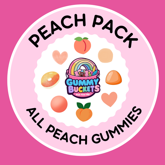 Gummy Buckets Peach Pack label with peach-themed design on a pink background