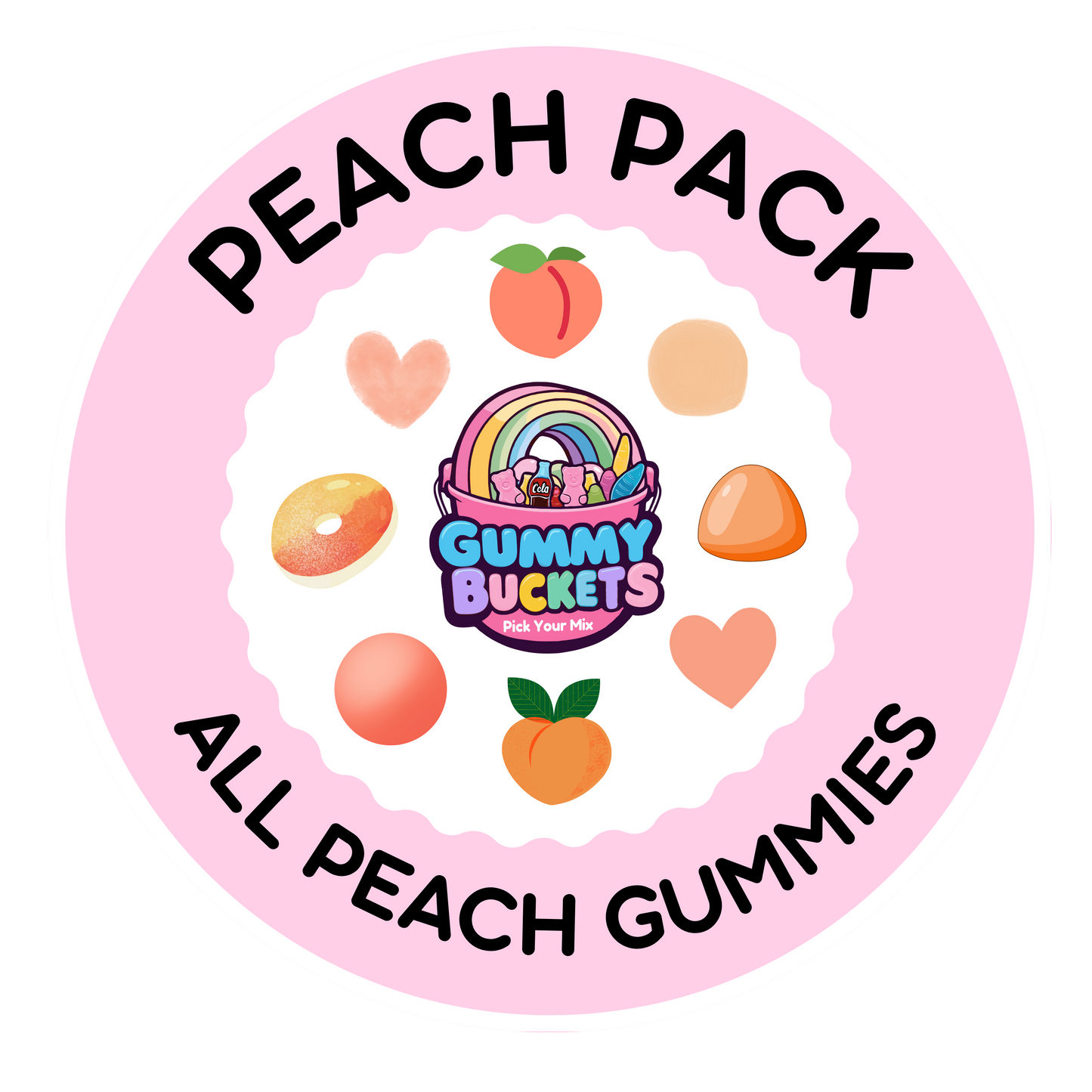 A circular pink graphic labeled 'PEACH PACK' and 'ALL PEACH GUMMIES' with the Gummy Buckets logo in the center, surrounded by peach, heart, and donut-style candy illustrations.