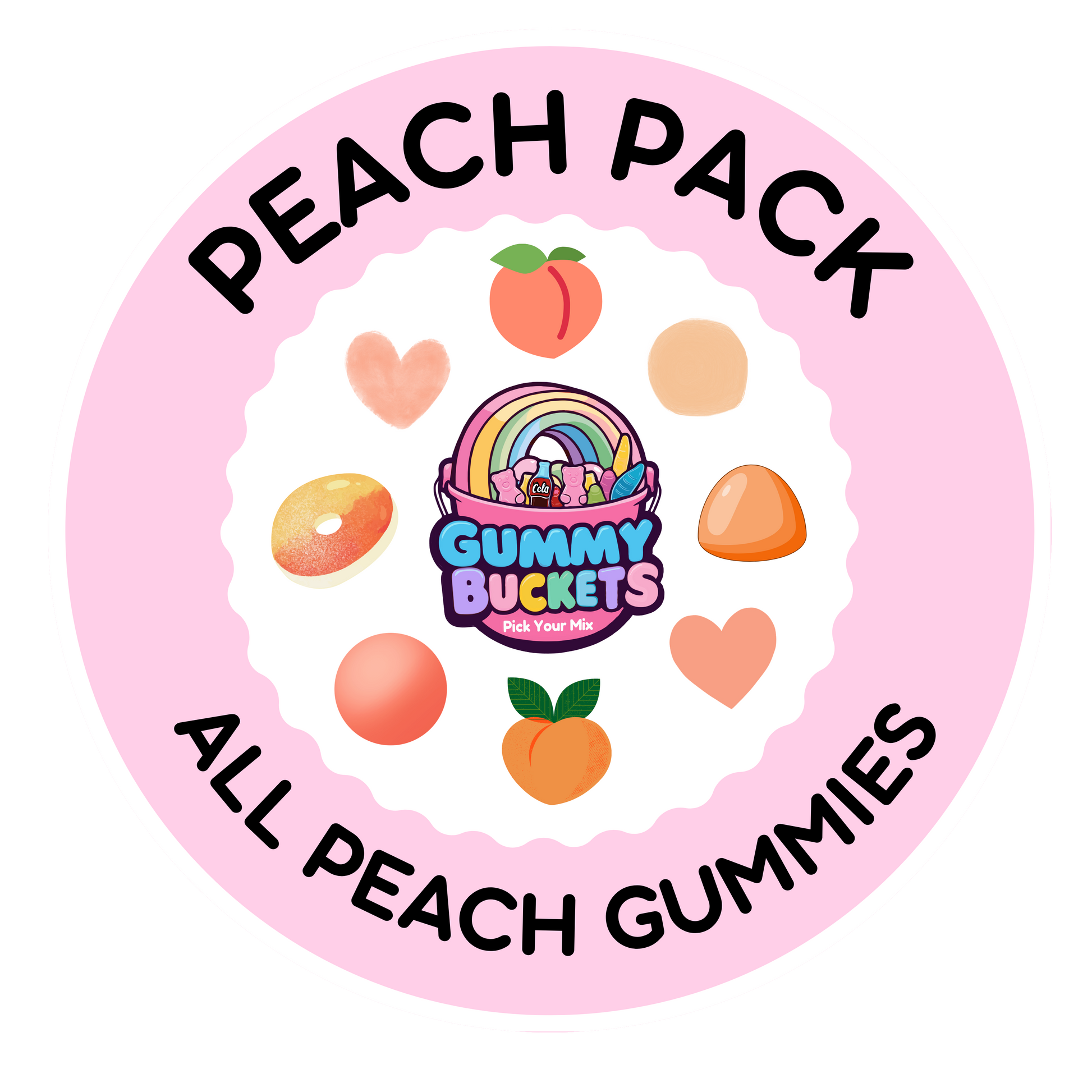 A circular pink graphic labeled 'PEACH PACK' and 'ALL PEACH GUMMIES' with the Gummy Buckets logo in the center, surrounded by peach, heart, and donut-style candy illustrations.