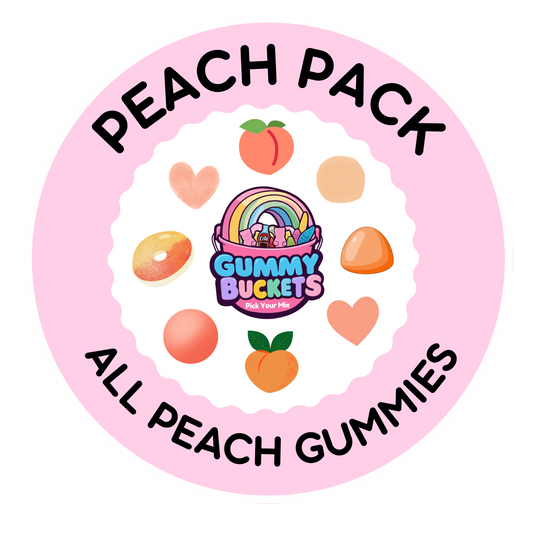 A circular pink graphic labeled 'PEACH PACK' and 'ALL PEACH GUMMIES' with the Gummy Buckets logo in the center, surrounded by peach, heart, and donut-style candy illustrations.