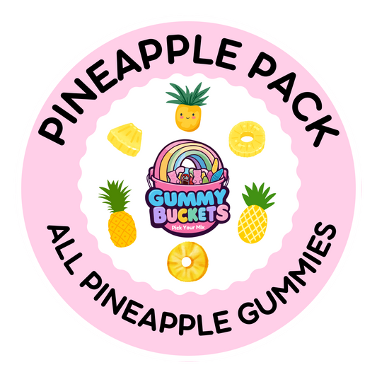 A circular pink graphic for a 'PINEAPPLE PACK' featuring the 'Gummy Buckets' logo in the center, surrounded by cute illustrations of pineapples and pineapple slices on a white background.
