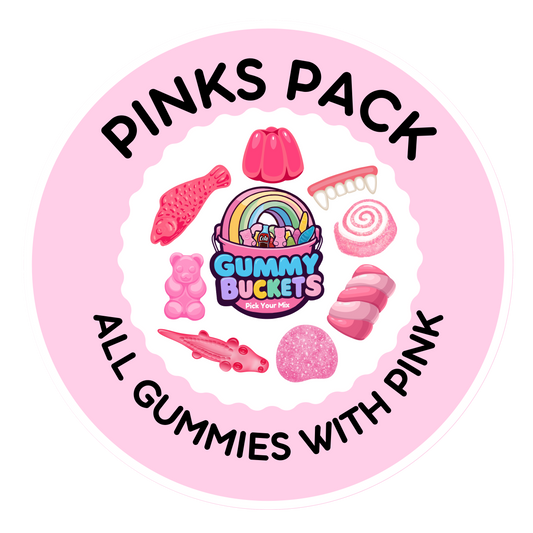 A circular pink graphic labeled 'PINKS PACK' with the text 'ALL GUMMIES WITH PINK' around a central 'Gummy BUCKETS candy co.' logo, surrounded by illustrated pink gummy candies.