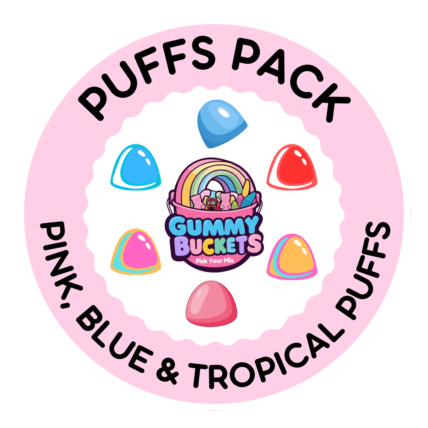 A circular pink graphic for a 'Puffs Pack' by Gummy Buckets Co. Ltd.