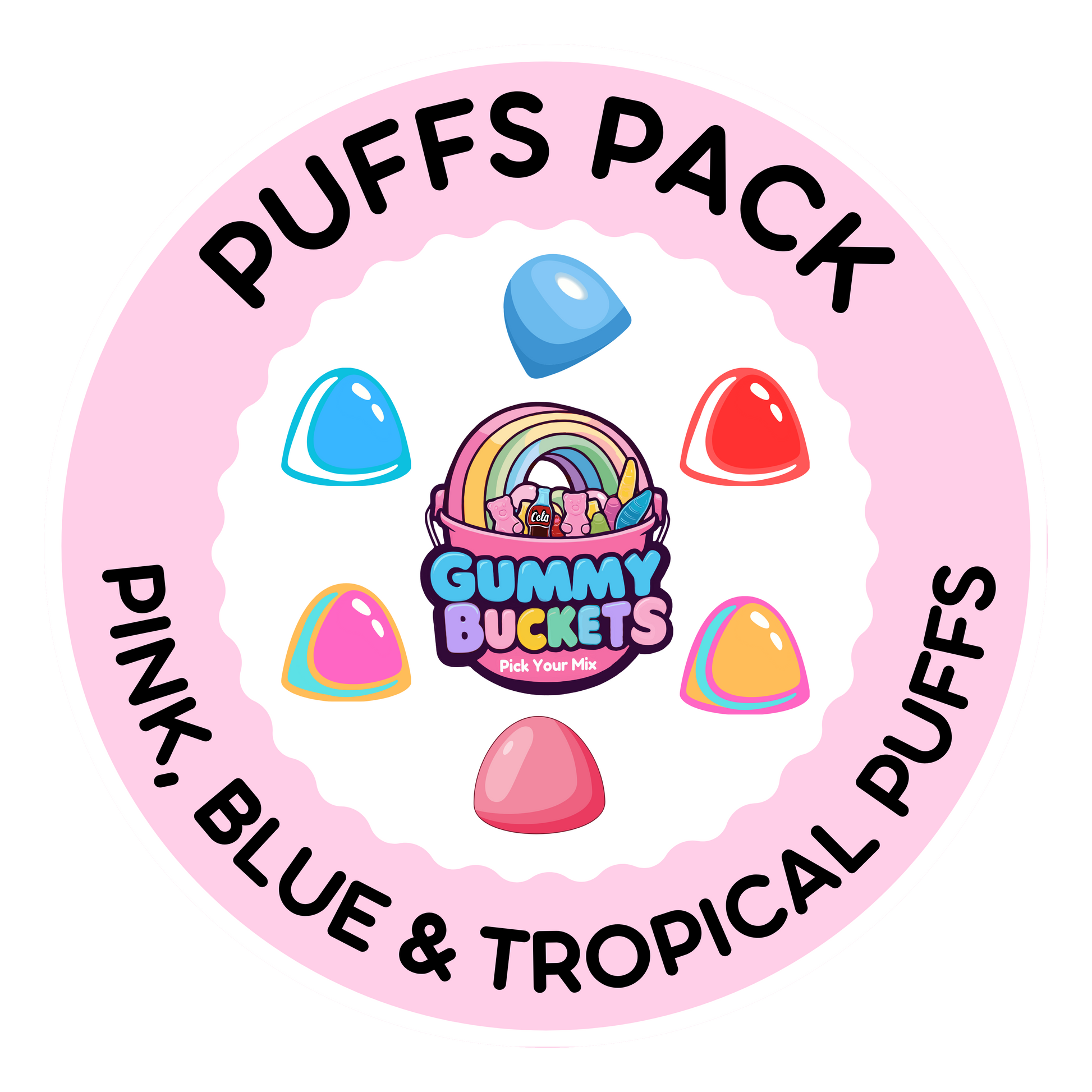 A circular pink graphic for a 'Puffs Pack' by Gummy Buckets Co. Ltd.