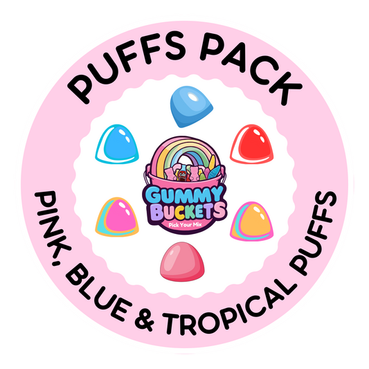 A circular pink graphic for a 'Puffs Pack' by Gummy Buckets Co. Ltd.