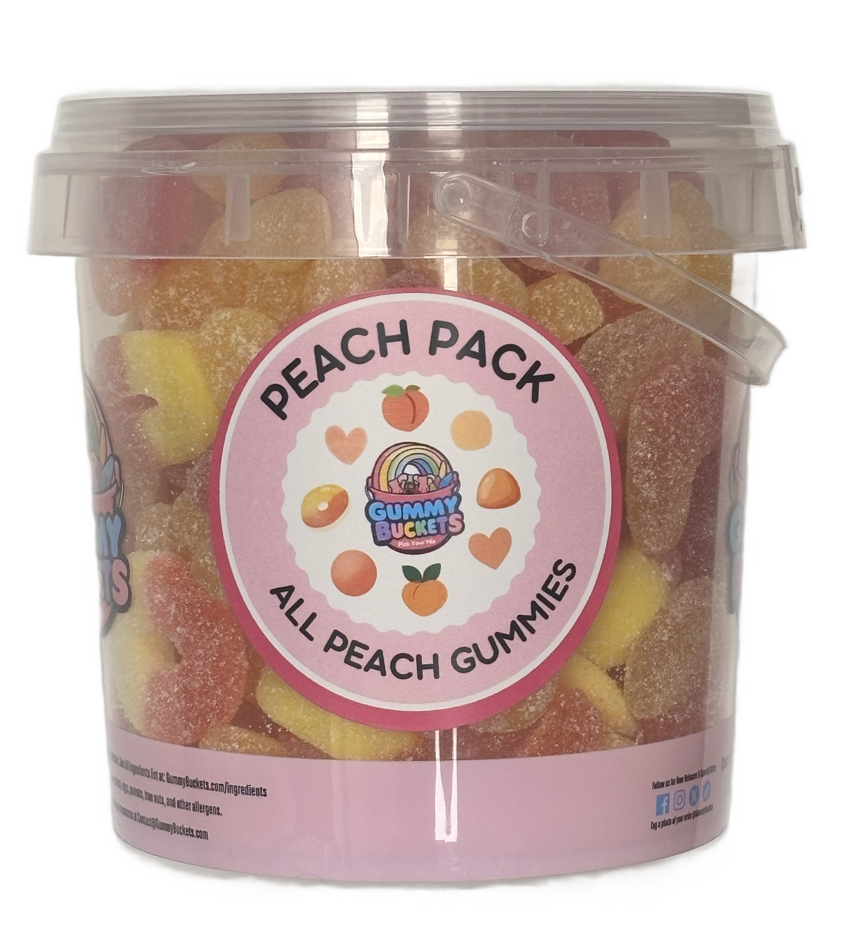 A clear plastic bucket filled with assorted peach-colored gummy candies, featuring a round pink label that reads 'PEACH PACK' and 'ALL PEACH GUMMIES' with the Gummy Buckets logo.