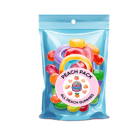 Pack of colorful gummy candies with a blue transparent bag on a white background