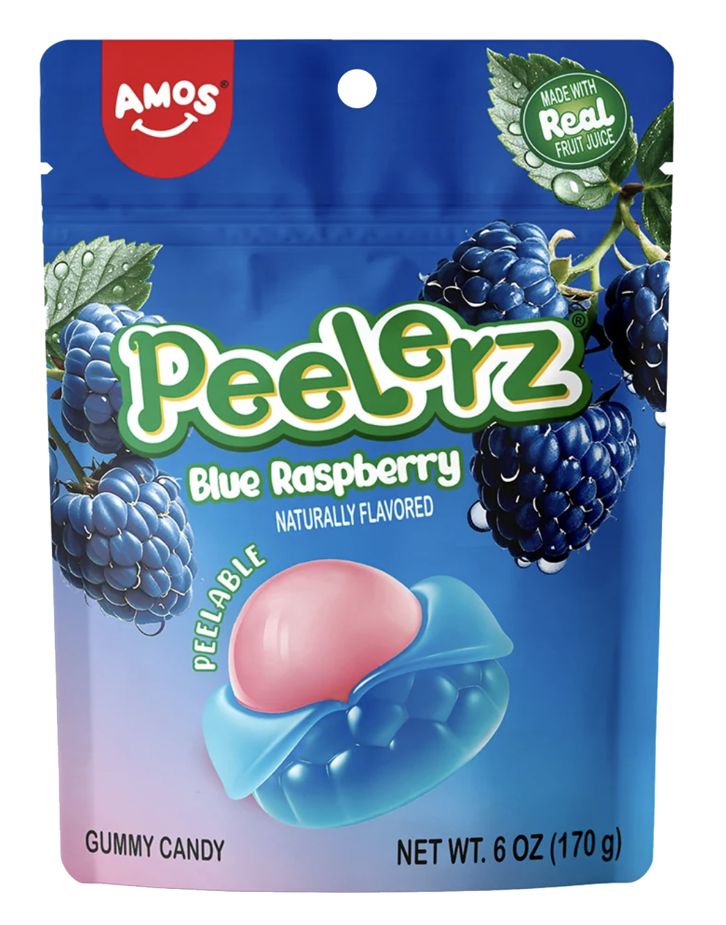 Amos Peelerz blue raspberry gummy candy packaging.