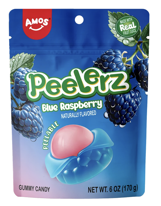 Amos Peelerz blue raspberry gummy candy packaging.